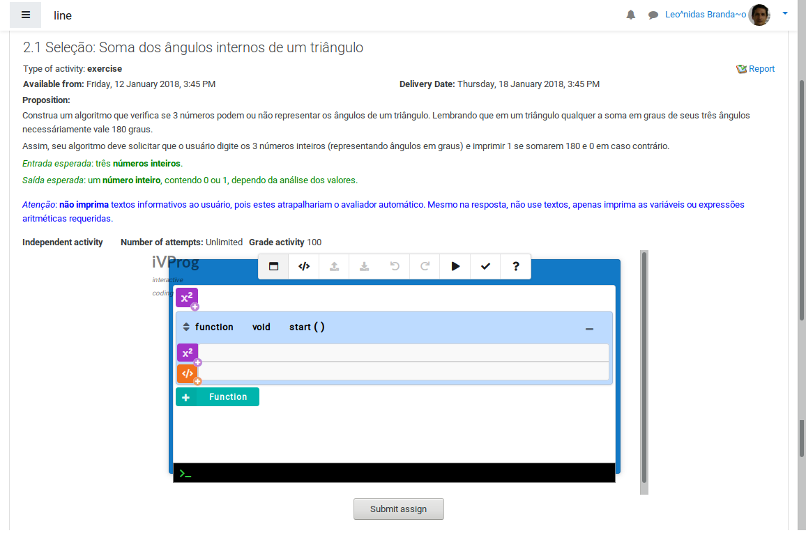 Interface do iTarefa com exercicio do iVProgH em Moodle